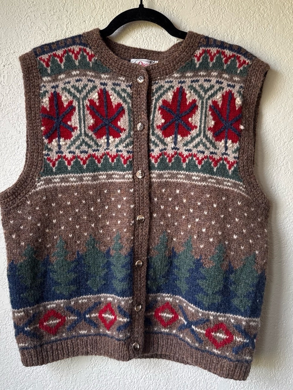 Vintage Orvis Cottagecore Fisherman Brown Fair Isle Forest Scene Wool Vest